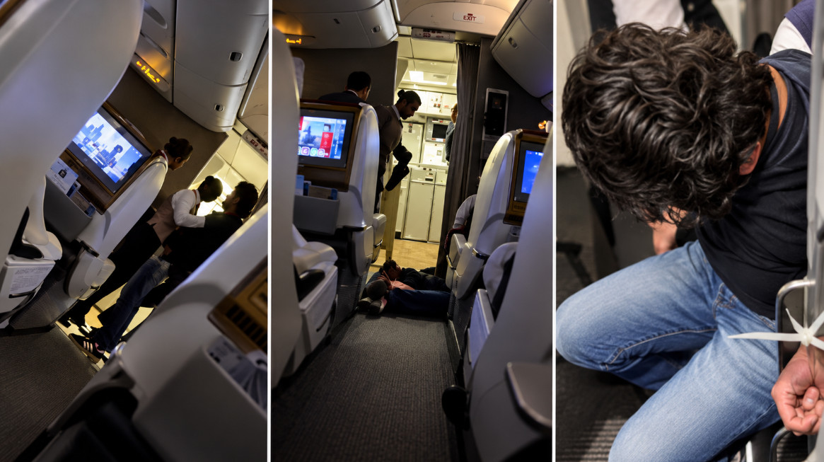 Video: Pasajero ebrio de Clase Ejecutiva intenta darle un cabezazo a tripulante de Emirates y termina esposado en pleno vuelo