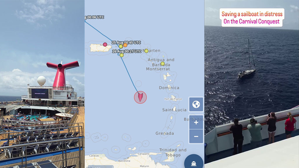 Video: Captado en video: Crucero de Carnival se desvía para rescatar a tripulantes de un velero que estaban a la deriva y emitieron un llamado de emergencia
