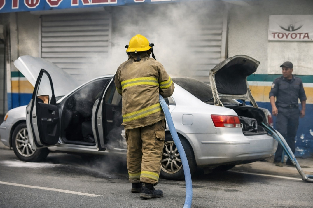 Video: Se le incendia el carro a un policía en RD y termina peleando con un bombero